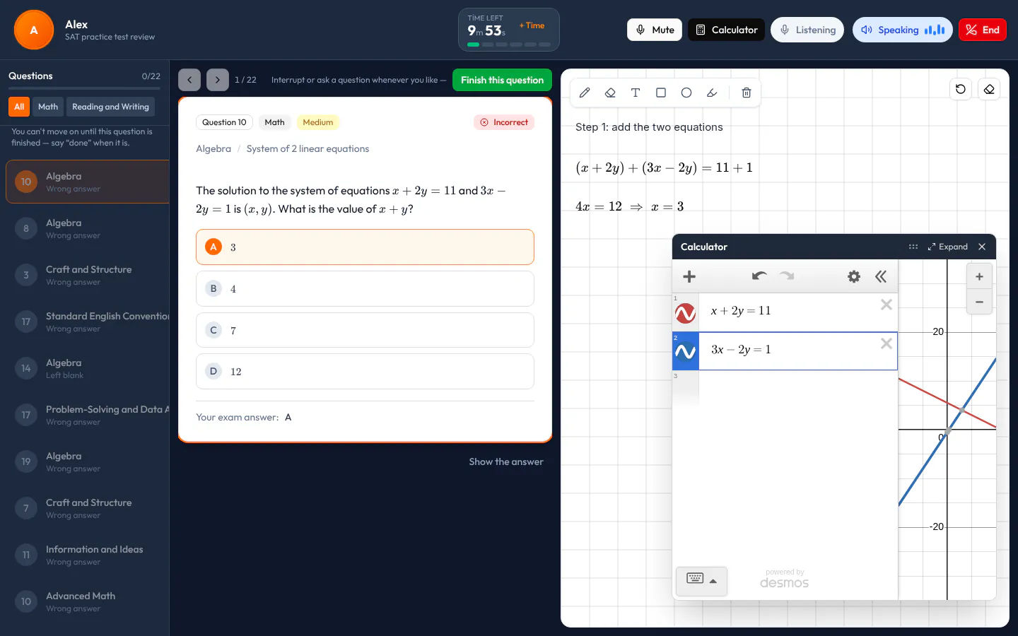 Экран урока AI Tutor: рядом с вопросом SAT калькулятор Desmos, как на экзамене, с двумя прямыми, которые ввёл студент, и точкой их пересечения; на доске шаги решения.