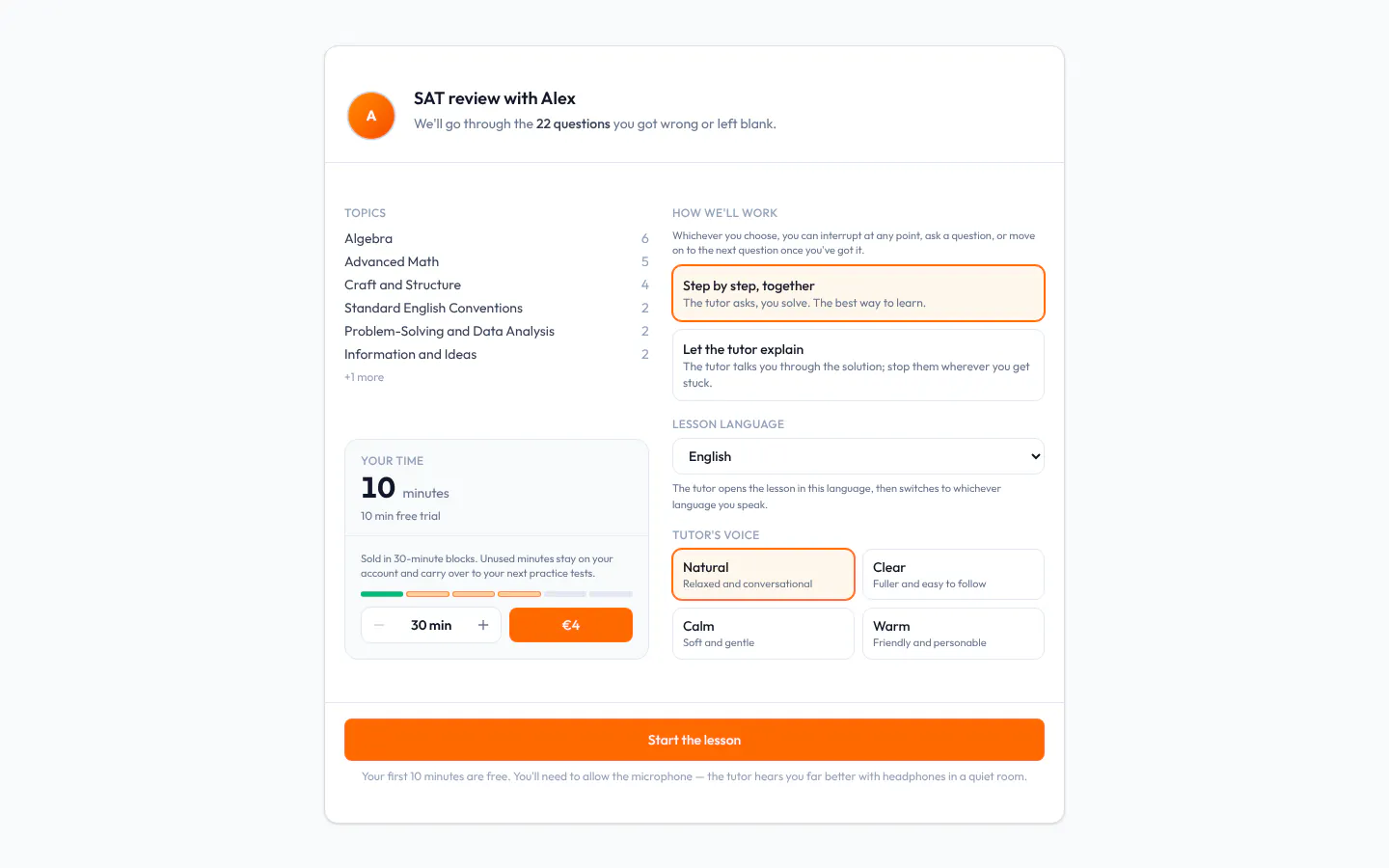 Стартовый экран AI Tutor: сколько вопросов разобрать и по каким темам, оставшееся время, выбор формата, языка урока и голоса.