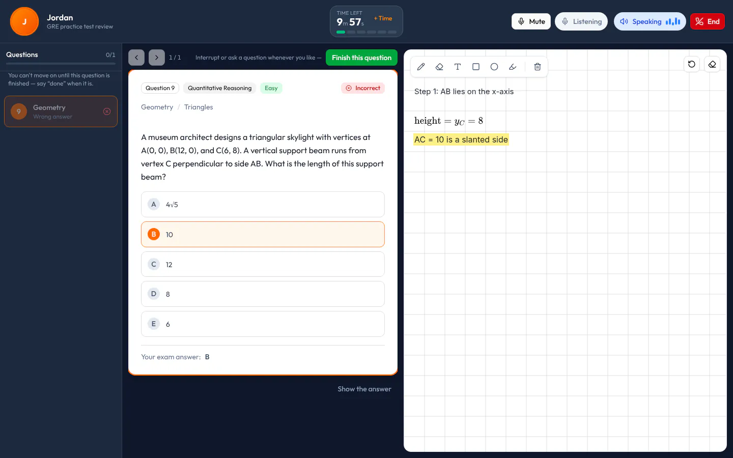 Экран урока AI Tutor: слева вопросы с ошибками и без ответа, в центре вопрос GRE Quantitative о высоте треугольника, справа шаги, которые тьютор записал на доске один под другим.