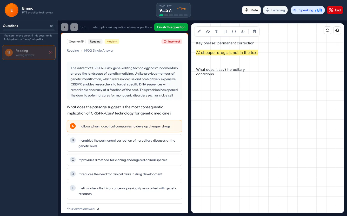 Экран урока AI Tutor: слева вопросы с ошибками и без ответа, в центре вопрос PTE Reading с выбором ответа по тексту о CRISPR, справа шаги, которые тьютор записал на доске один под другим.